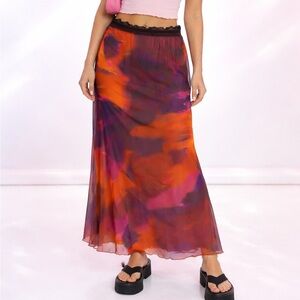 AVANOVA Abstract Mesh Maxi Skirt Size M – Sheer Sunset Print Lace Waist NWT